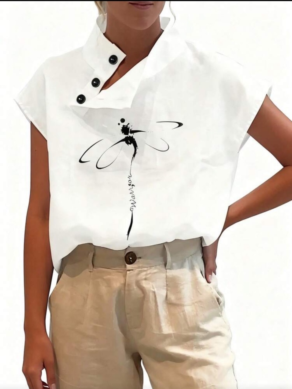 Classic White Short Batwing Sleeve Stand Collar Graphic Top Blouse Shirt New